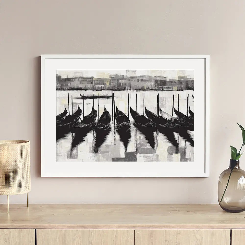 Venetian Lagoon Gondolas At Dock Framed Art Print Venetian Lagoon Gondolas At Dock Framed Art Print wall art product Chromatic Storm Studio
