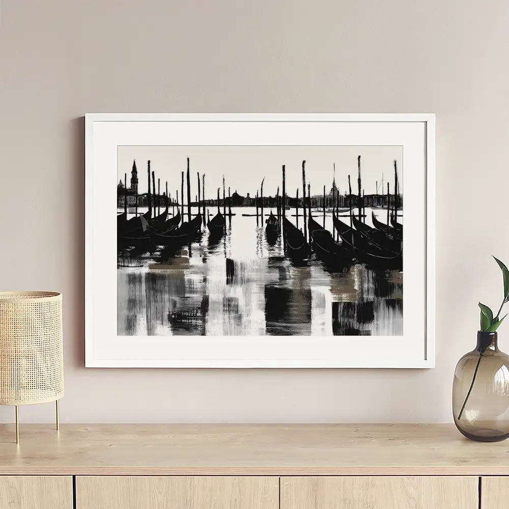 Venice Gondolas And Mooring Poles Framed Art Print Venice Gondolas And Mooring Poles Framed Art Print wall art product Chromatic Storm Studio