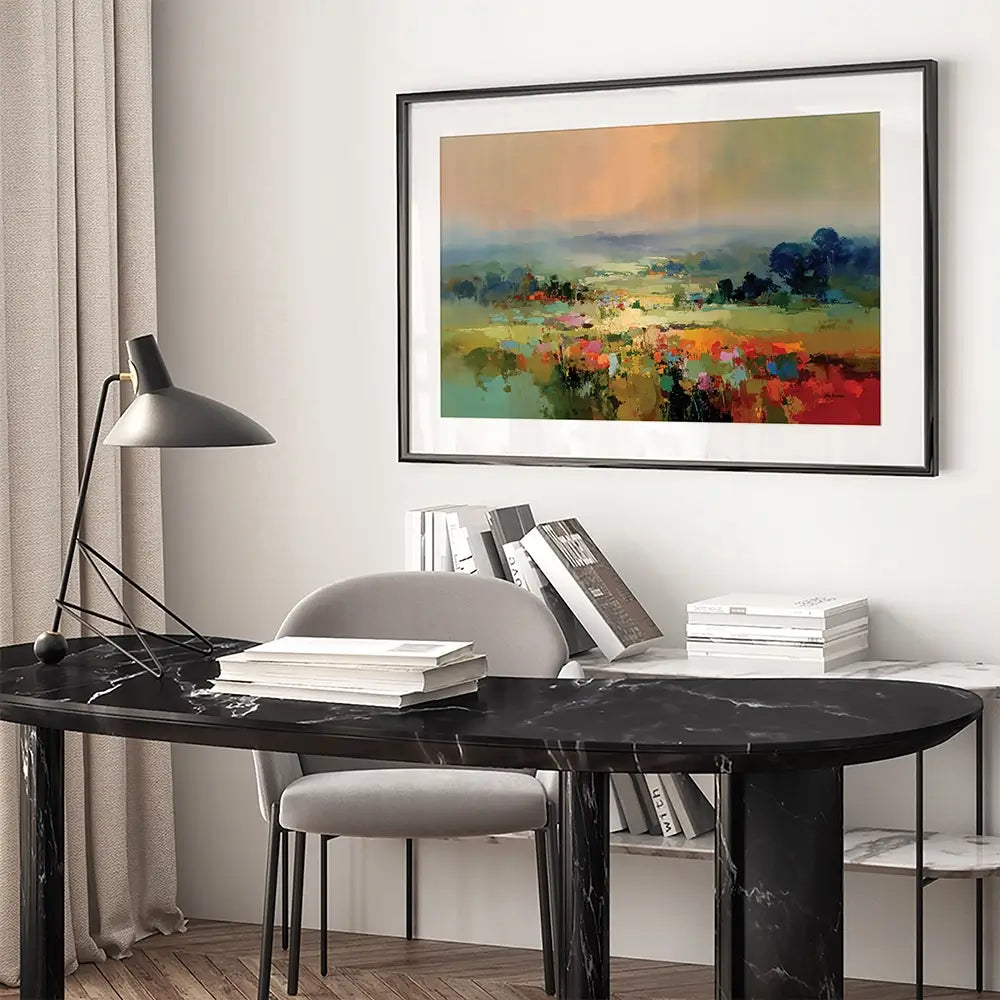 Vibrant Abstract Fields And Soft Pastel Sky Framed Art Print Vibrant Abstract Fields And Soft Pastel Sky Framed Art Print wall art product Leon Devenice