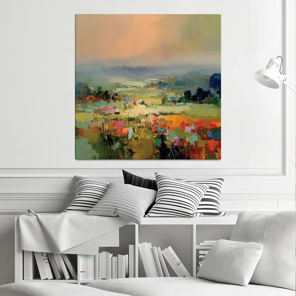 Vibrant Abstract Fields And Soft Pastel Sky Square Canvas Print Vibrant Abstract Fields And Soft Pastel Sky Square Canvas Print wall art product Art Print Shop