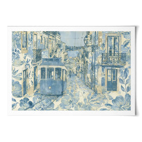 Vintage Tram Mediterranean Street Art Print Vintage Tram Mediterranean Street Art Print wall art product Chromatic Storm Studio