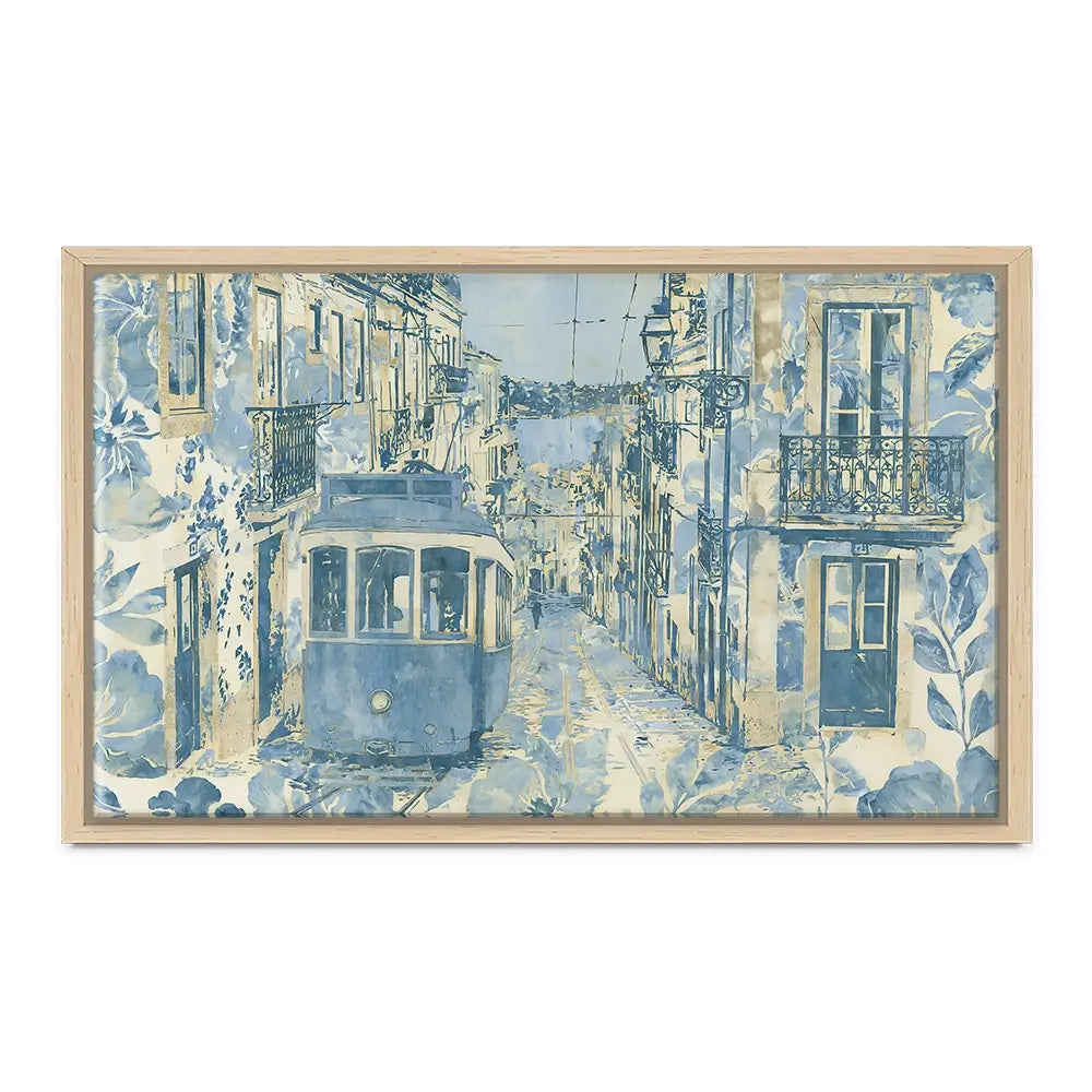 Vintage Tram Mediterranean Street Canvas Print Vintage Tram Mediterranean Street Canvas Print wall art product Chromatic Storm Studio