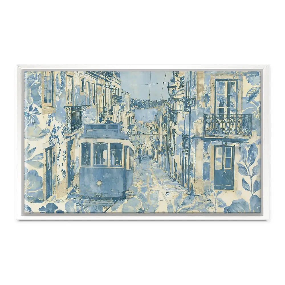 Vintage Tram Mediterranean Street Canvas Print Vintage Tram Mediterranean Street Canvas Print wall art product Chromatic Storm Studio