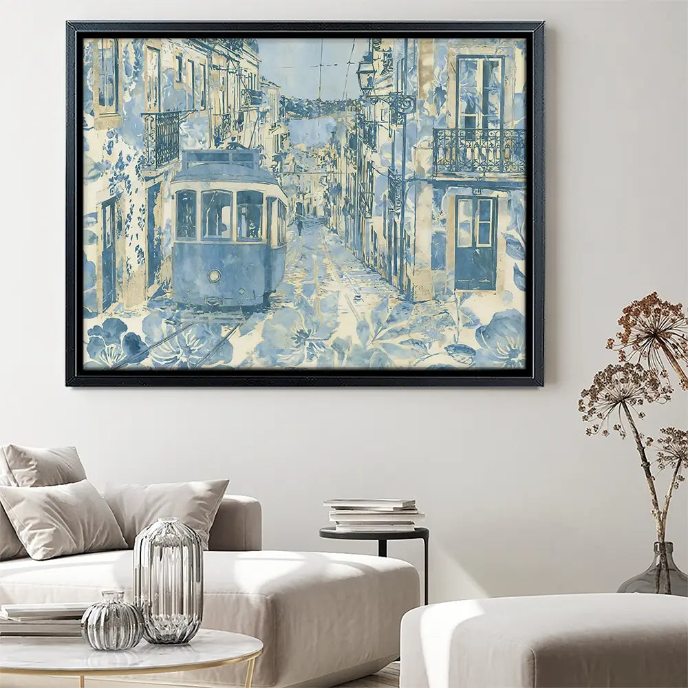 Vintage Tram Mediterranean Street Canvas Print Vintage Tram Mediterranean Street Canvas Print wall art product Chromatic Storm Studio