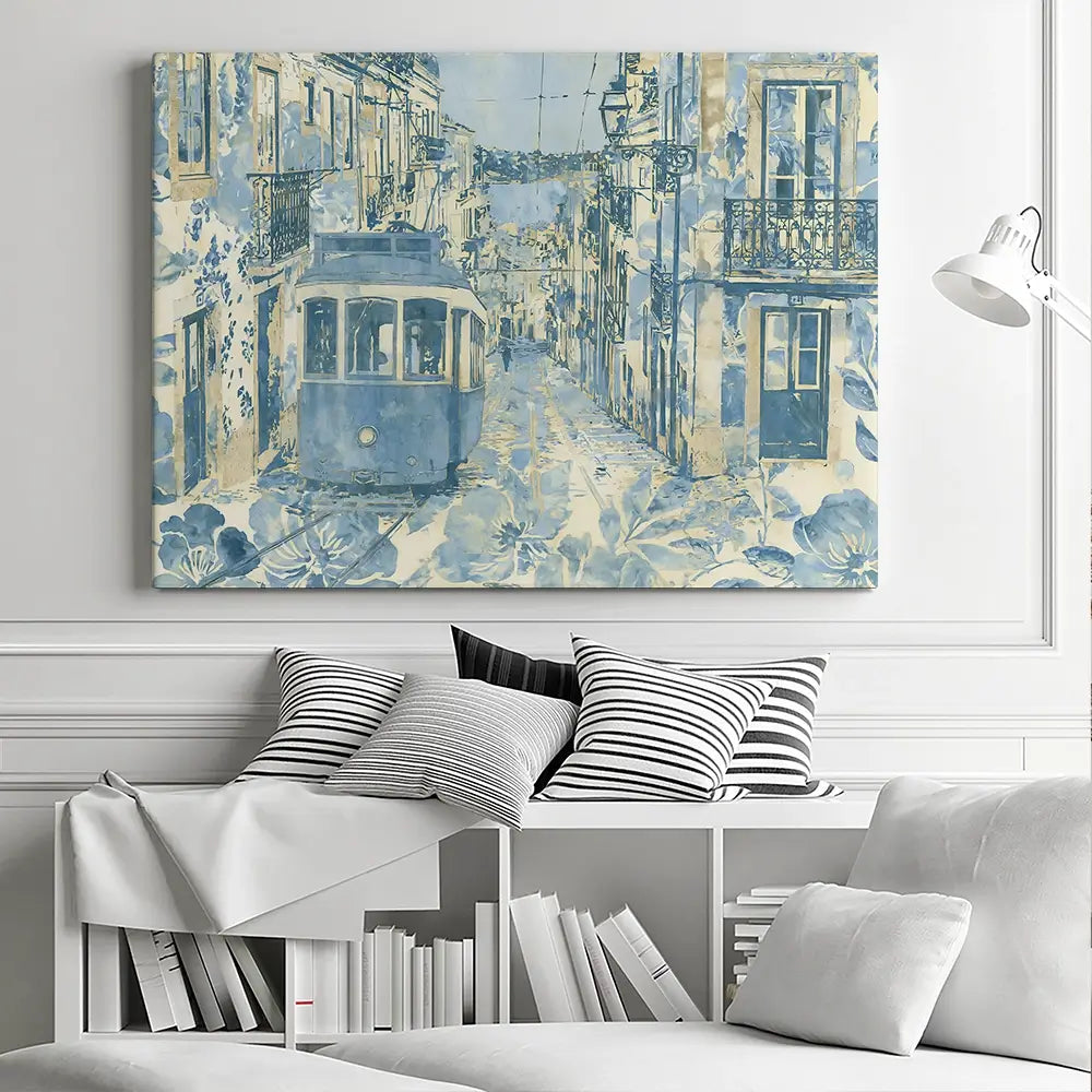 Vintage Tram Mediterranean Street Canvas Print Vintage Tram Mediterranean Street Canvas Print wall art product Chromatic Storm Studio