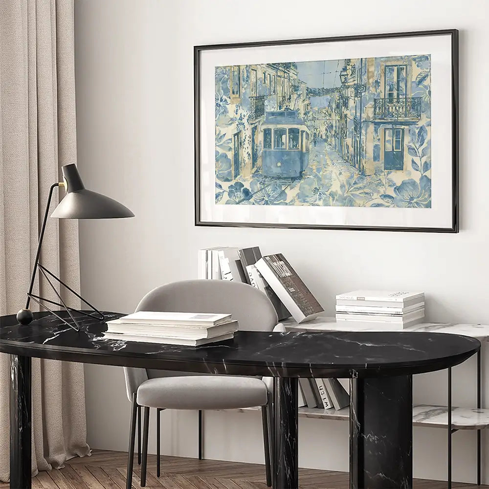 Vintage Tram Mediterranean Street Framed Art Print Vintage Tram Mediterranean Street Framed Art Print wall art product Chromatic Storm Studio
