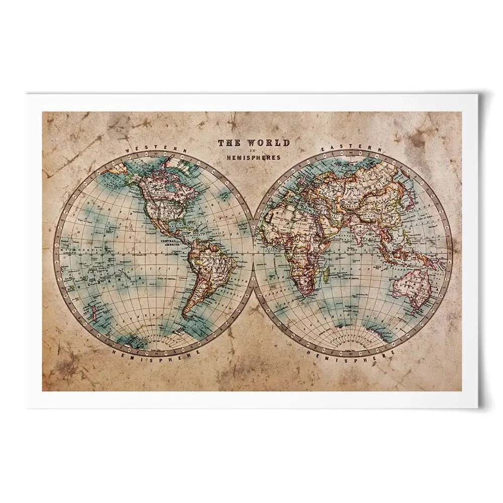 Vintage World Hemisphere Map In Colour Art Print Vintage World Hemisphere Map In Colour Art Print wall art product RTimages / Shutterstock