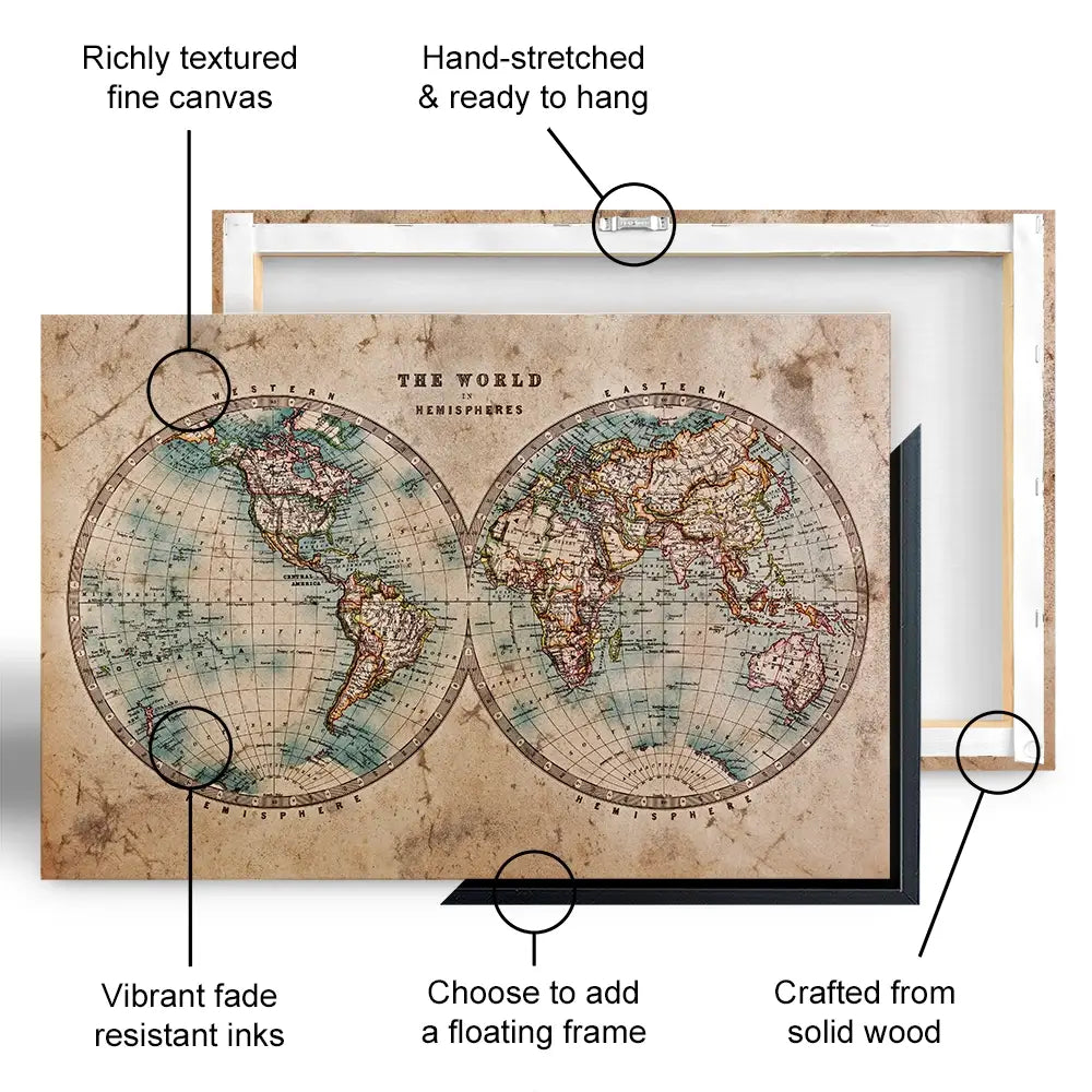 Vintage World Hemisphere Map In Colour Canvas Print Vintage World Hemisphere Map In Colour Canvas Print wall art product RTimages / Shutterstock