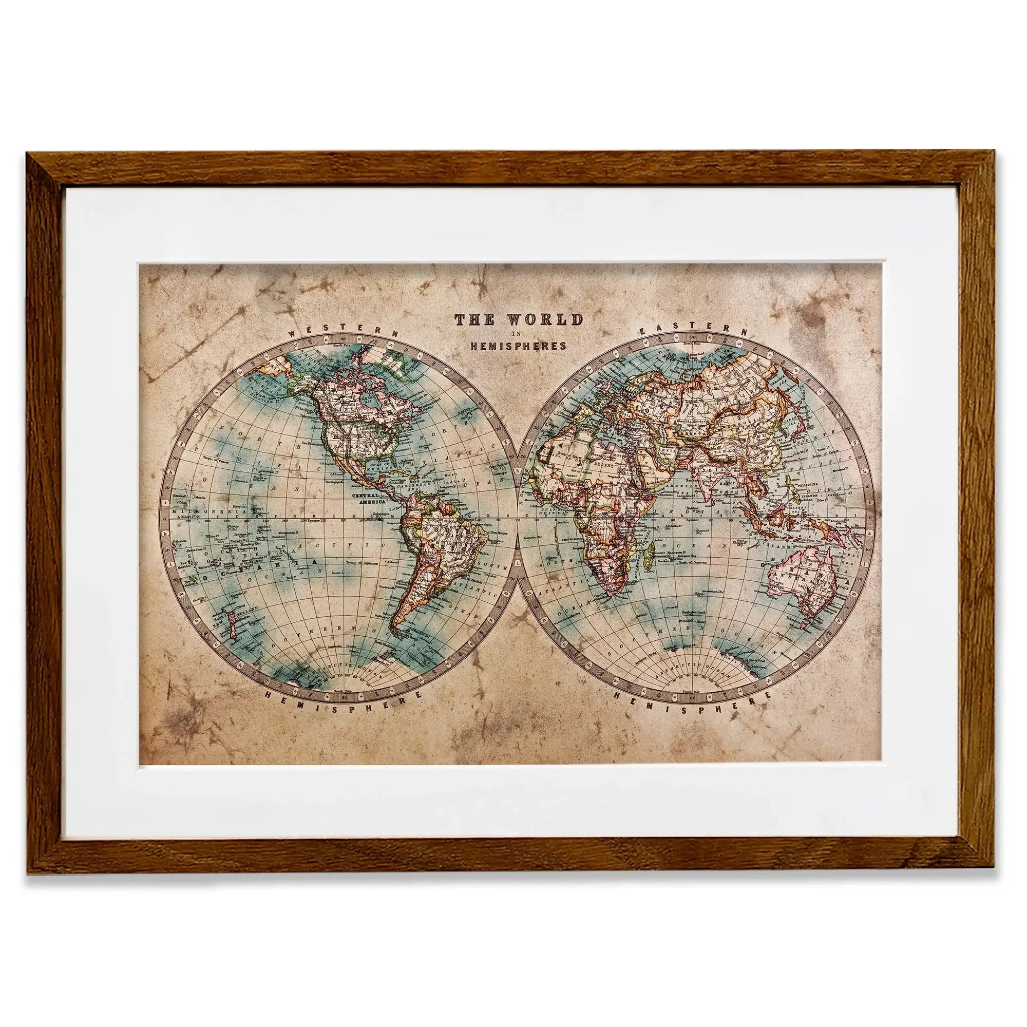 Vintage World Hemisphere Map In Colour Framed Art Print Vintage World Hemisphere Map In Colour Framed Art Print wall art product RTimages / Shutterstock