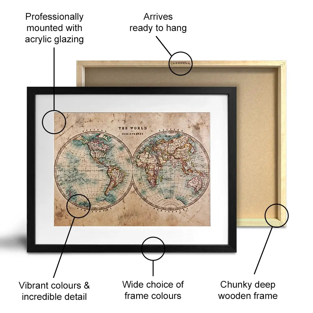 Vintage World Hemisphere Map In Colour Framed Art Print Vintage World Hemisphere Map In Colour Framed Art Print wall art product RTimages / Shutterstock