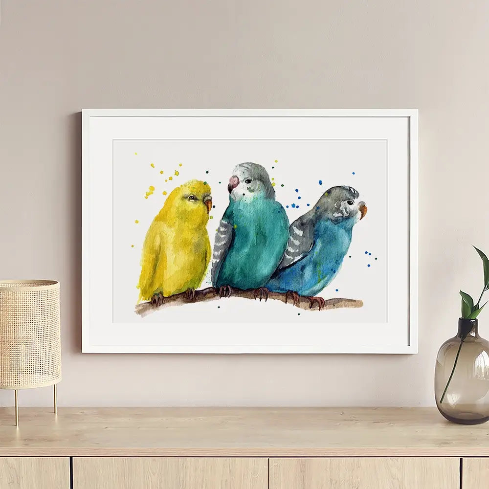 Watercolour Budgies Framed Art Print Watercolour Budgies Framed Art Print wall art product Tatyana Komtsyan / Shutterstock