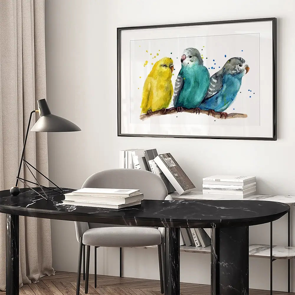 Watercolour Budgies Framed Art Print Watercolour Budgies Framed Art Print wall art product Tatyana Komtsyan / Shutterstock