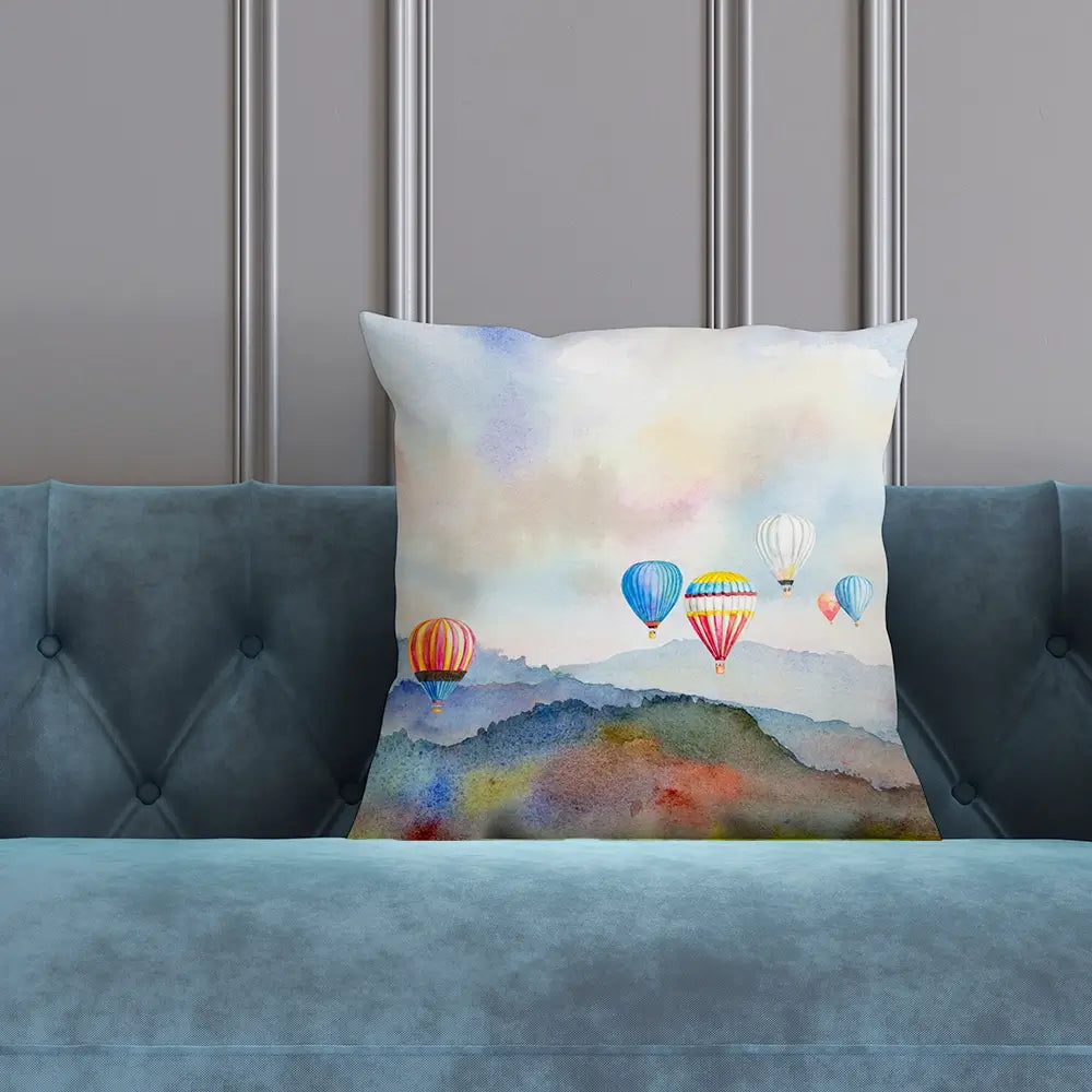 Watercolour Hot Air Balloons Cushion Watercolour Hot Air Balloons Cushion wall art product Painterstock / Shutterstock