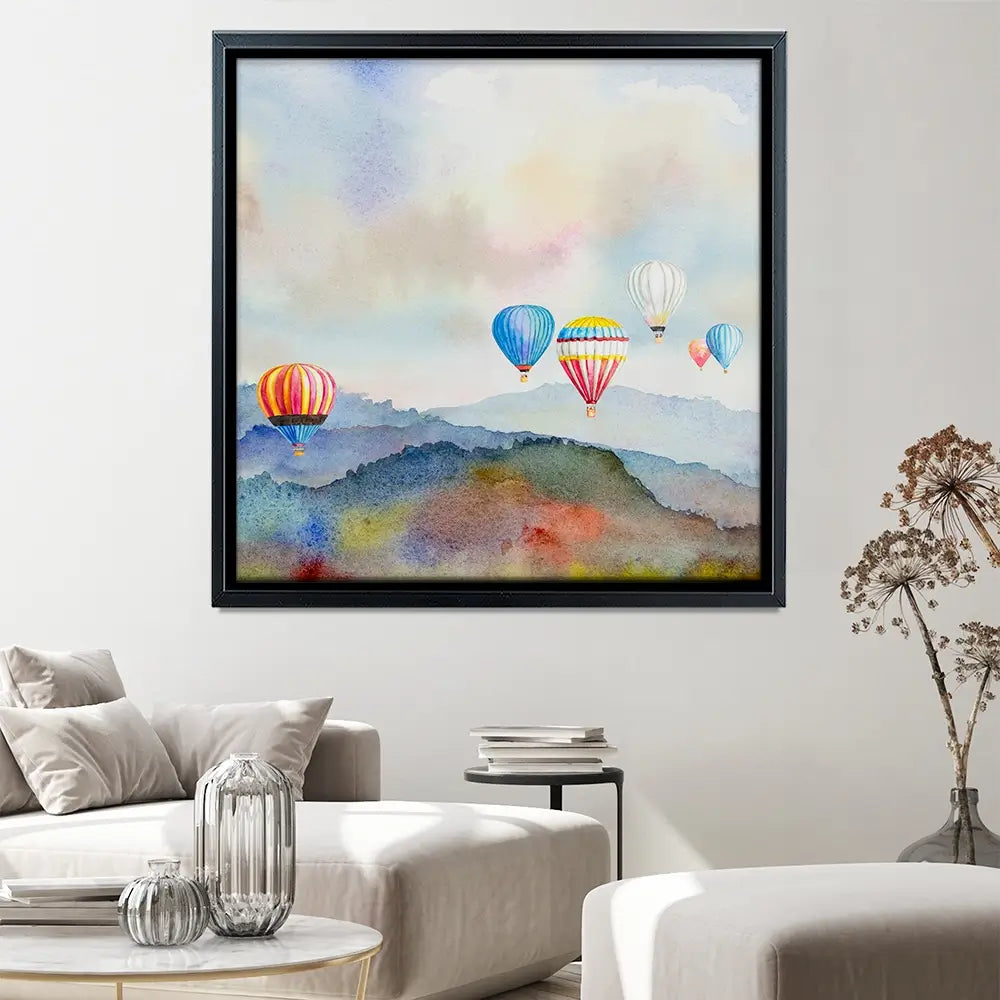 Watercolour Hot Air Balloons Square Canvas Print Watercolour Hot Air Balloons Square Canvas Print wall art product Painterstock / Shutterstock
