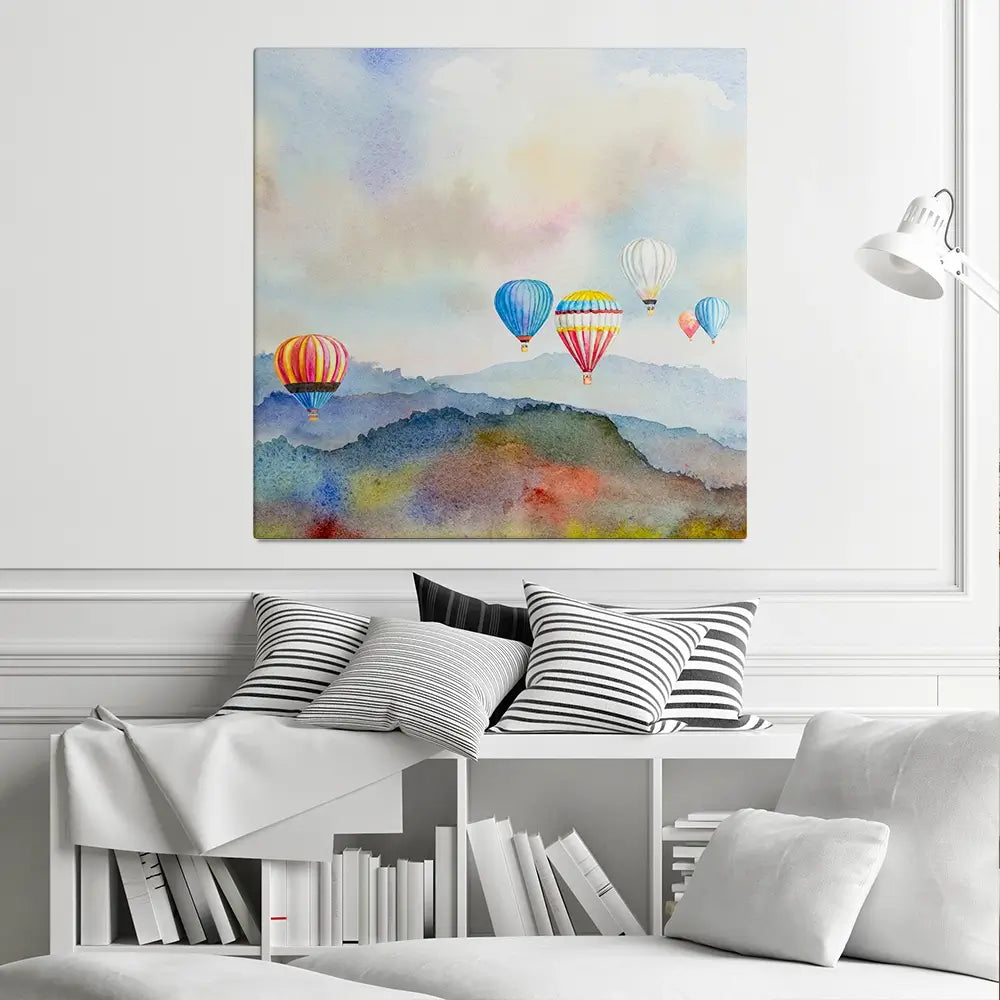 Watercolour Hot Air Balloons Square Canvas Print Watercolour Hot Air Balloons Square Canvas Print wall art product Painterstock / Shutterstock