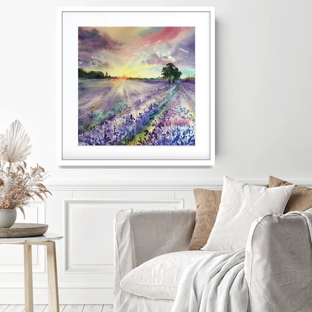 Watercolour Lavender Field Square Framed Art Print Watercolour Lavender Field Square Framed Art Print wall art product EL_Art / Shutterstock