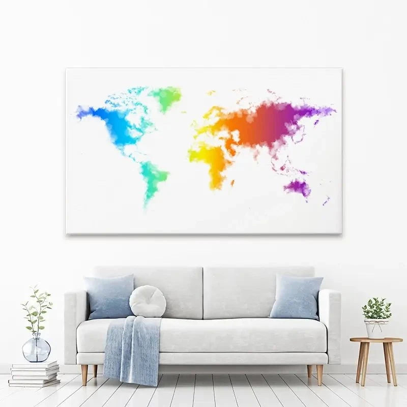 Watercolour Rainbow World Map Canvas Print Watercolour Rainbow World Map Canvas Print wall art product Annuitti / Shutterstock