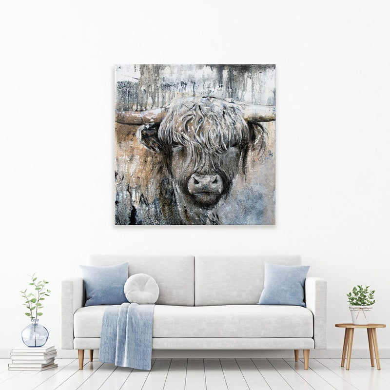 Weathered Highland Cow Square Canvas Print wall art product Studio Paint-Ing