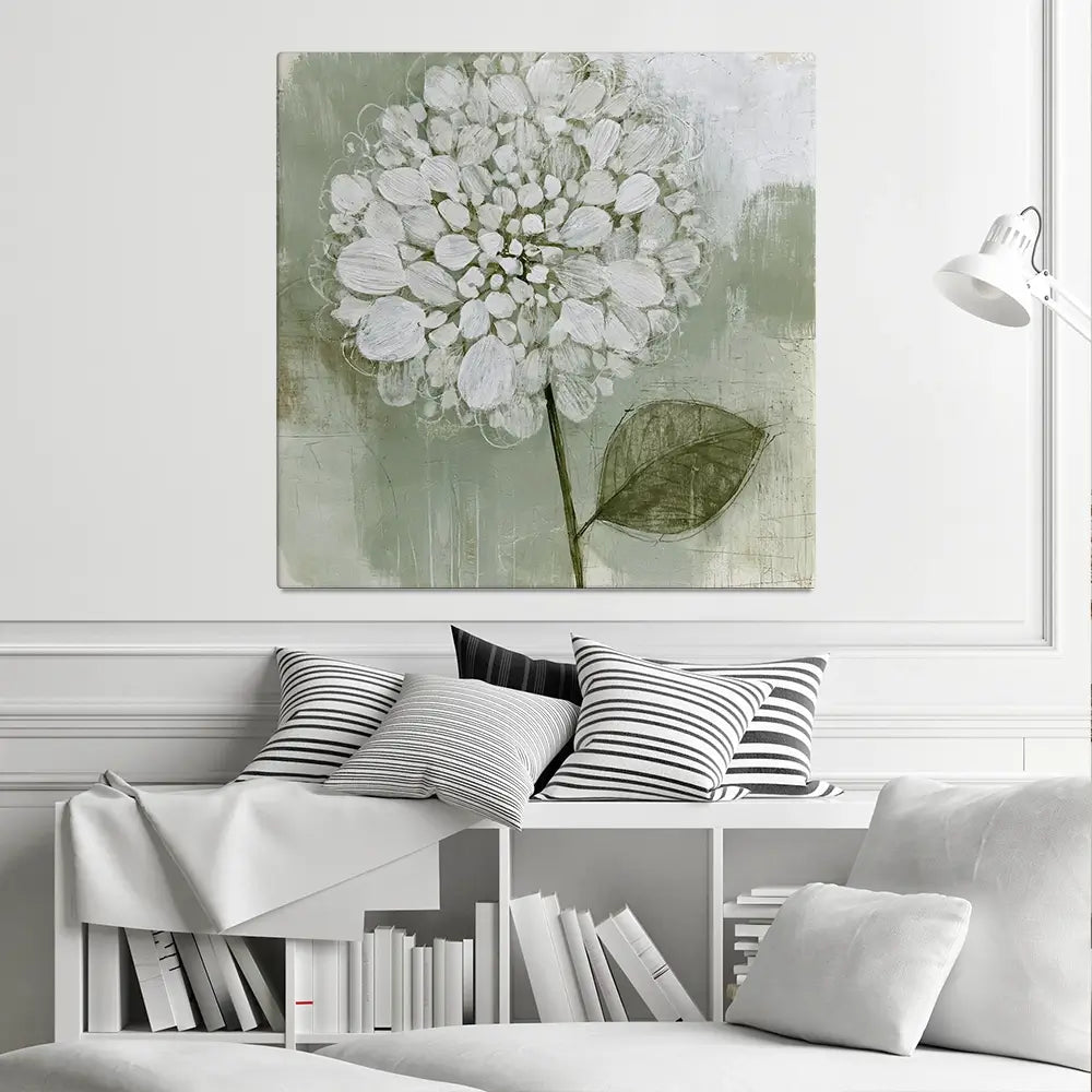 White Dahlia On Sage Square Canvas Print White Dahlia On Sage Square Canvas Print wall art product Chromatic Storm Studio