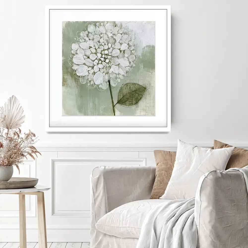 White Dahlia On Sage Square Framed Art Print White Dahlia On Sage Square Framed Art Print wall art product Chromatic Storm Studio