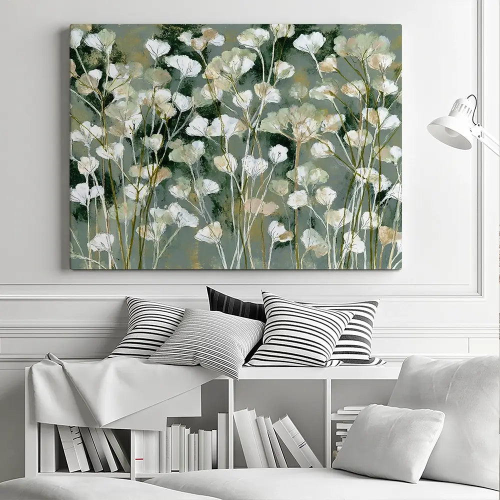 White Field Flowers On Sage Canvas Print White Field Flowers On Sage Canvas Print wall art product Chromatic Storm Studio