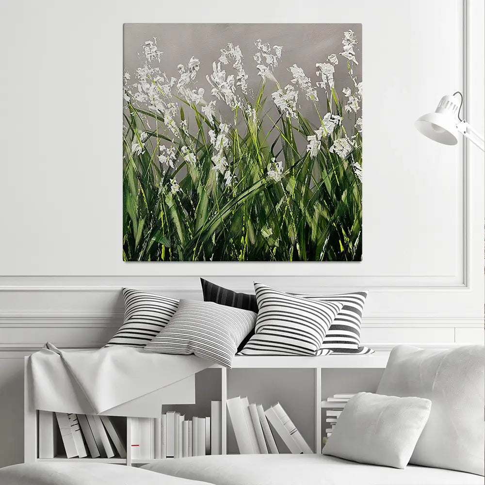 White Flowers Green Stems Square Canvas Print White Flowers Green Stems Square Canvas Print wall art product Osnat Tzadok