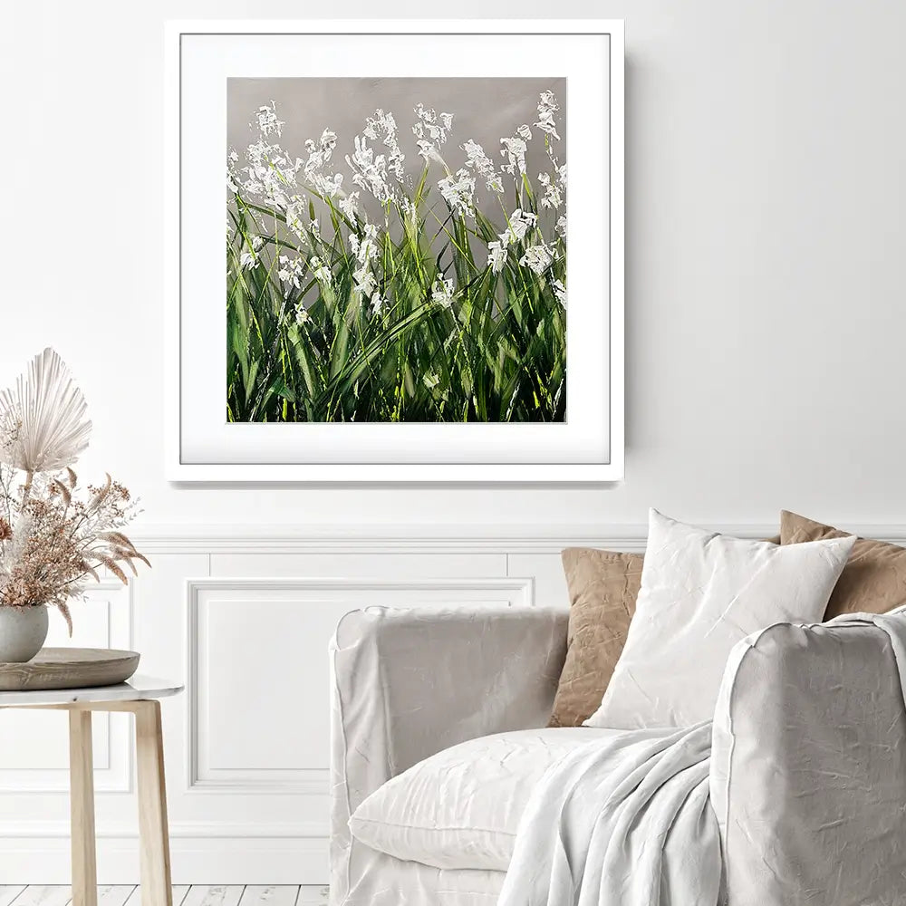 White Flowers Green Stems Square Framed Art Print White Flowers Green Stems Square Framed Art Print wall art product Osnat Tzadok