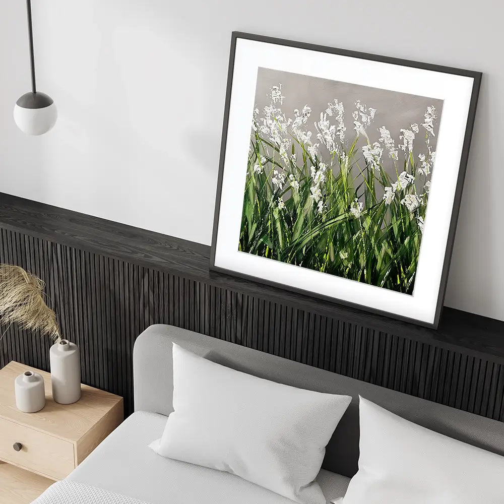 White Flowers Green Stems Square Framed Art Print White Flowers Green Stems Square Framed Art Print wall art product Osnat Tzadok