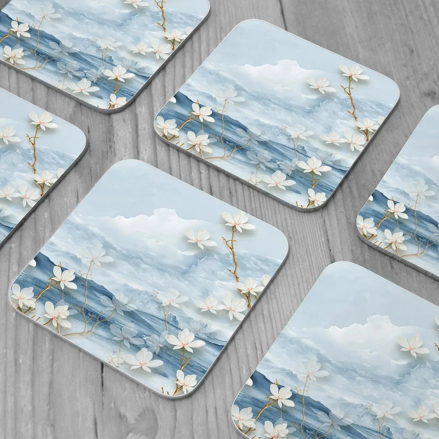 White Flowers Soft Blue Coaster Set Rainbow Soul Tree Coaster Set | Rainbow Soul Tree Art Coasters wall art product Tim Kats / Shutterstock
