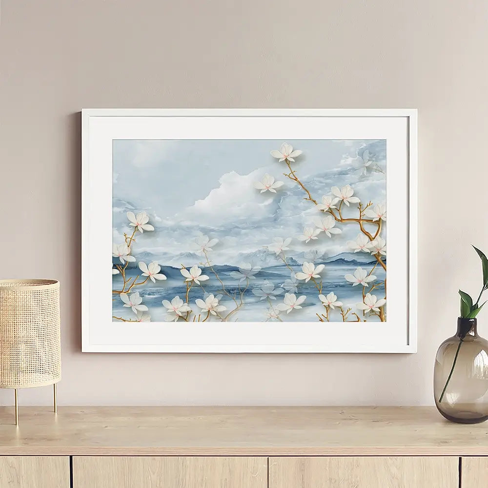 White Flowers Soft Blue Framed Art Print White Flowers Soft Blue Framed Art Print wall art product Tim Kats / Shutterstock