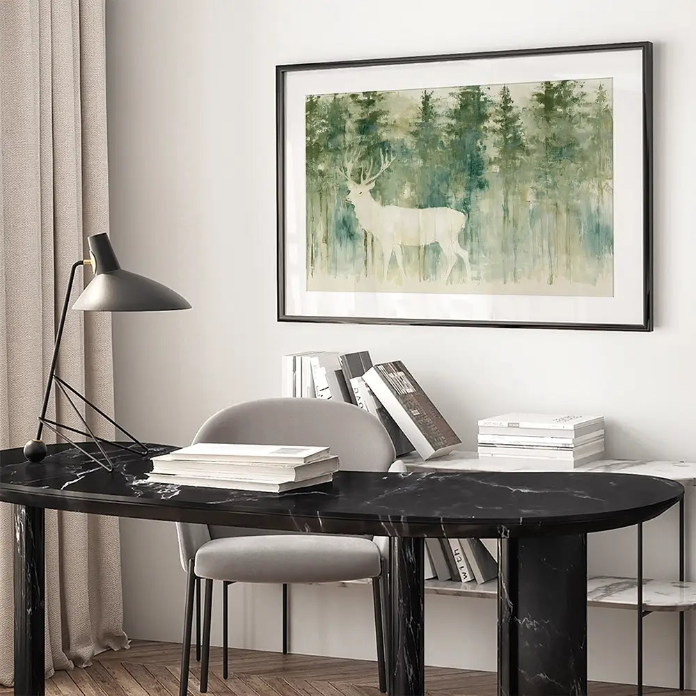 White Stag In Forest Framed Art Print White Stag In Forest Framed Art Print wall art product Chromatic Storm Studio