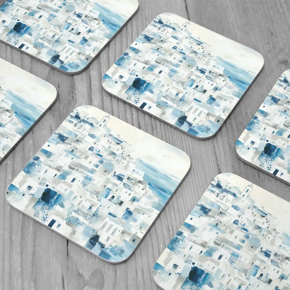 Whitewashed Coastal Village Coaster Set Whitewashed Coastal Village Coaster Set wall art product Chromatic Storm Studio