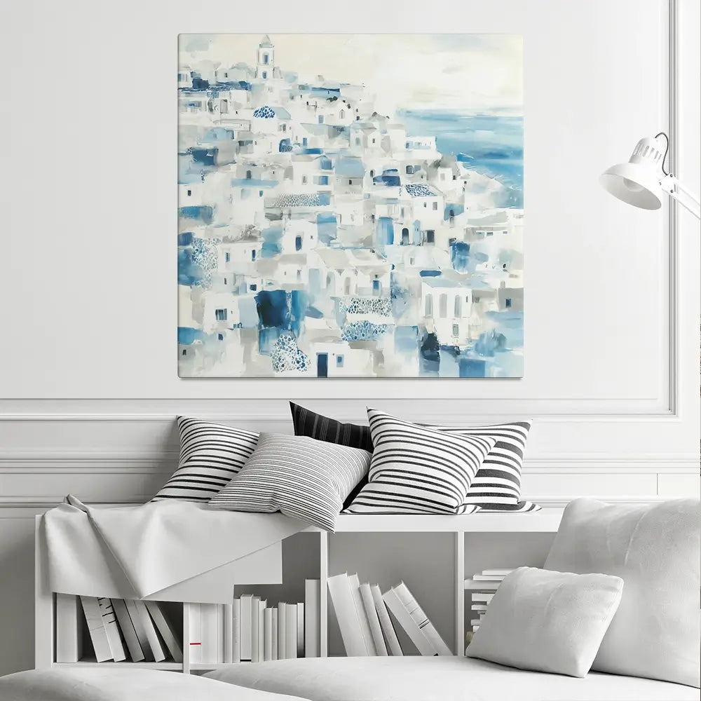 Whitewashed Coastal Village Square Canvas Print Whitewashed Coastal Village Square Canvas Print wall art product Chromatic Storm Studio