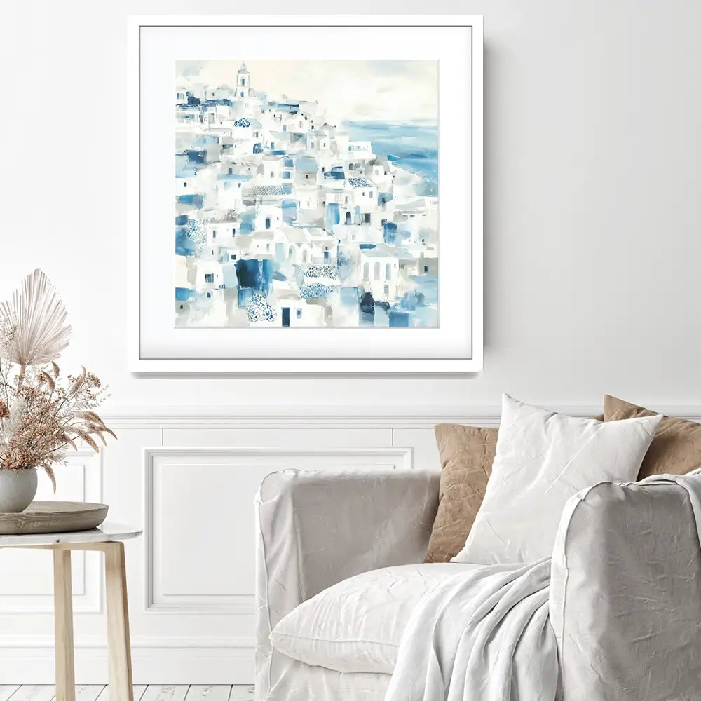 Whitewashed Coastal Village Square Framed Art Print Whitewashed Coastal Village Square Framed Art Print wall art product Chromatic Storm Studio