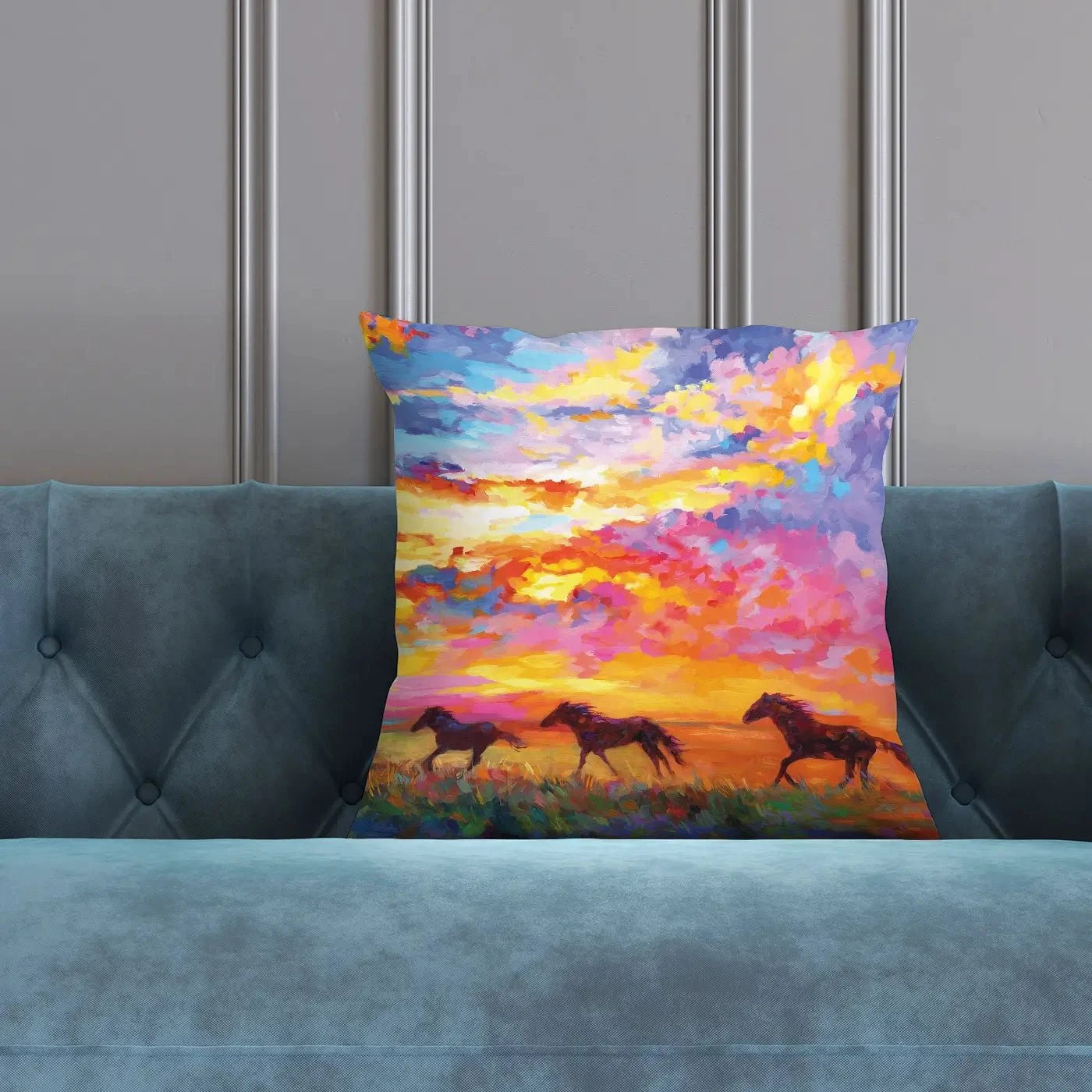 Wild Horses Running At Sunset Cushion Wild Horses Running At Sunset Cushion wall art product Leon Devenice