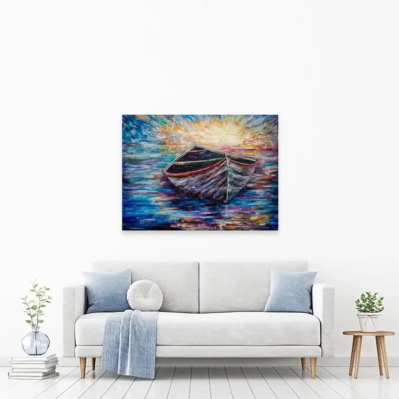 Wooden Boat At Sunrise Canvas Print Wooden Boat At Sunrise Canvas Print wall art product Lena Owens - Independent