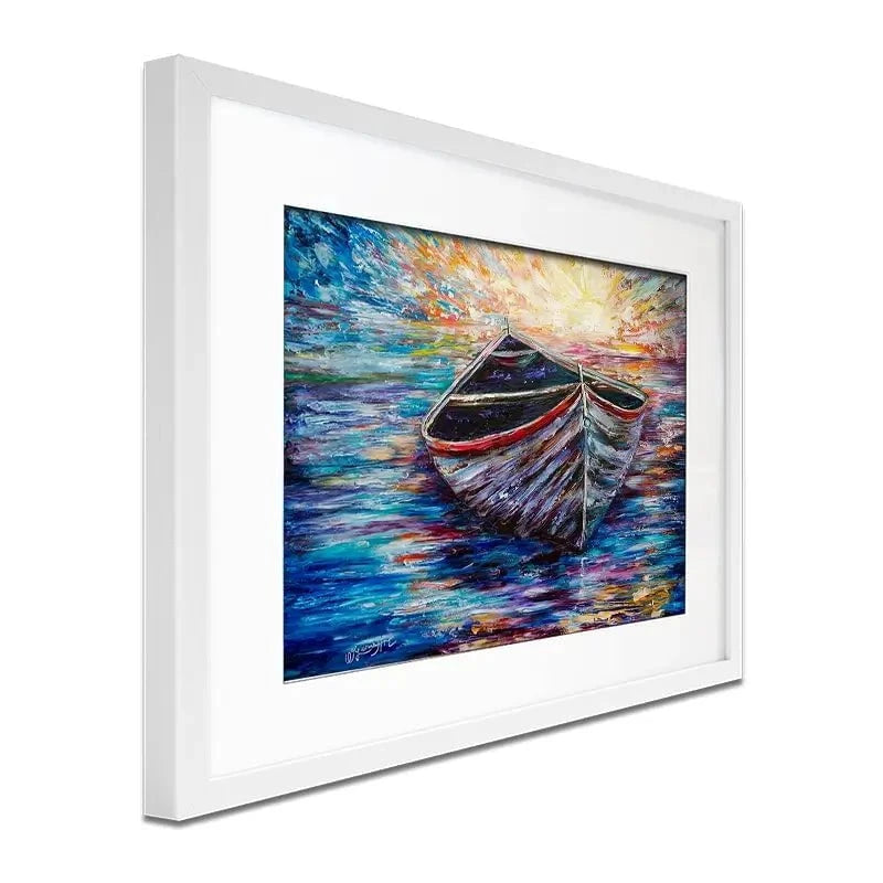 Wooden Boat At Sunrise Framed Art Print Wooden Boat At Sunrise Framed Art Print wall art product Lena Owens - Independent