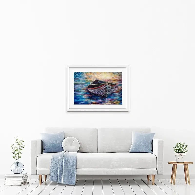 Wooden Boat At Sunrise Framed Art Print Wooden Boat At Sunrise Framed Art Print wall art product Lena Owens - Independent