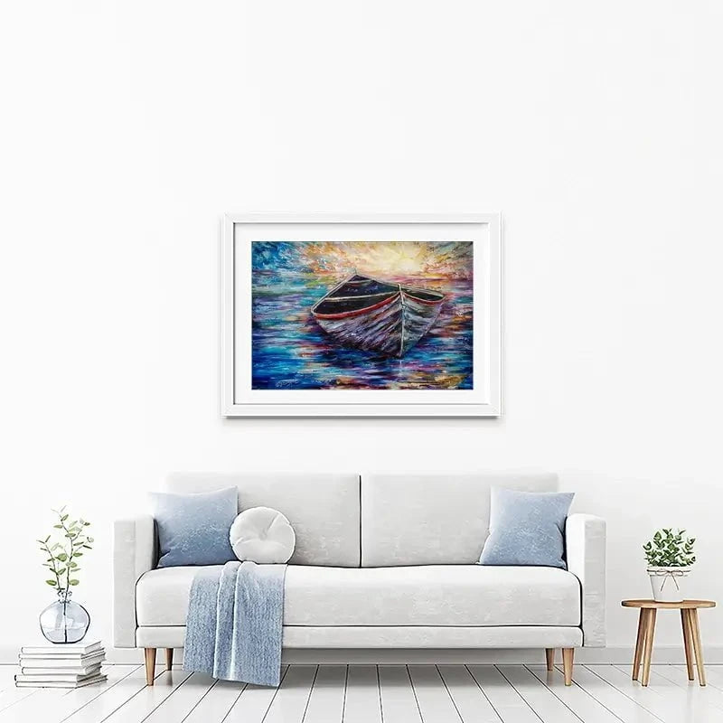 Wooden Boat At Sunrise Framed Art Print Wooden Boat At Sunrise Framed Art Print wall art product Lena Owens - Independent