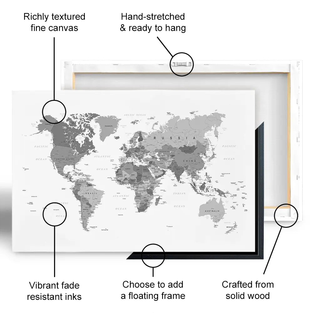 World Map Black & White Canvas Print World Map Black & White Canvas Print | World map canvas artwork wall art product H Goossens