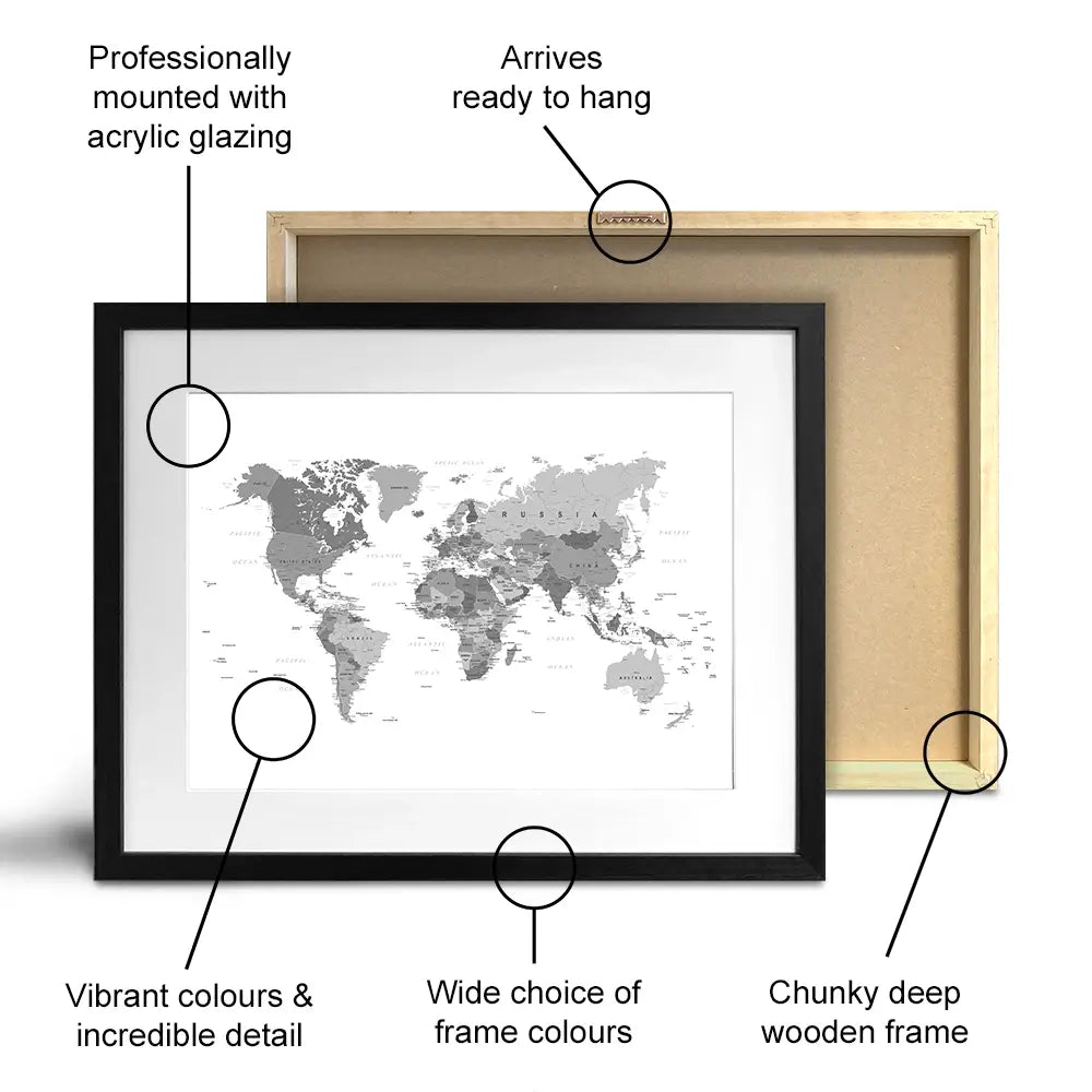 World Map Black & White Framed Art Print World Map Black & White Framed Art Print | World Map Black & White Art wall art product H Goossens