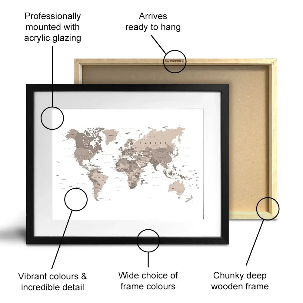 World Map Sepia Framed Art Print World Map Sepia Framed Art Print wall art product H Goossens