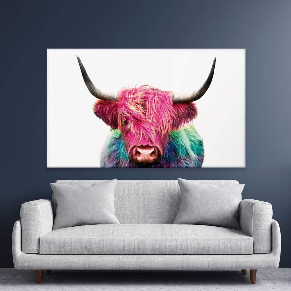 Colourful Pink Highland Cow Canvas Print wall art product Patricia Chumillas / Shutterstock