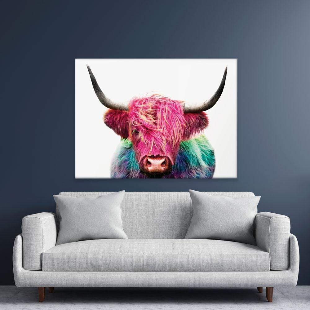 Colourful Pink Highland Cow Canvas Print wall art product Patricia Chumillas / Shutterstock