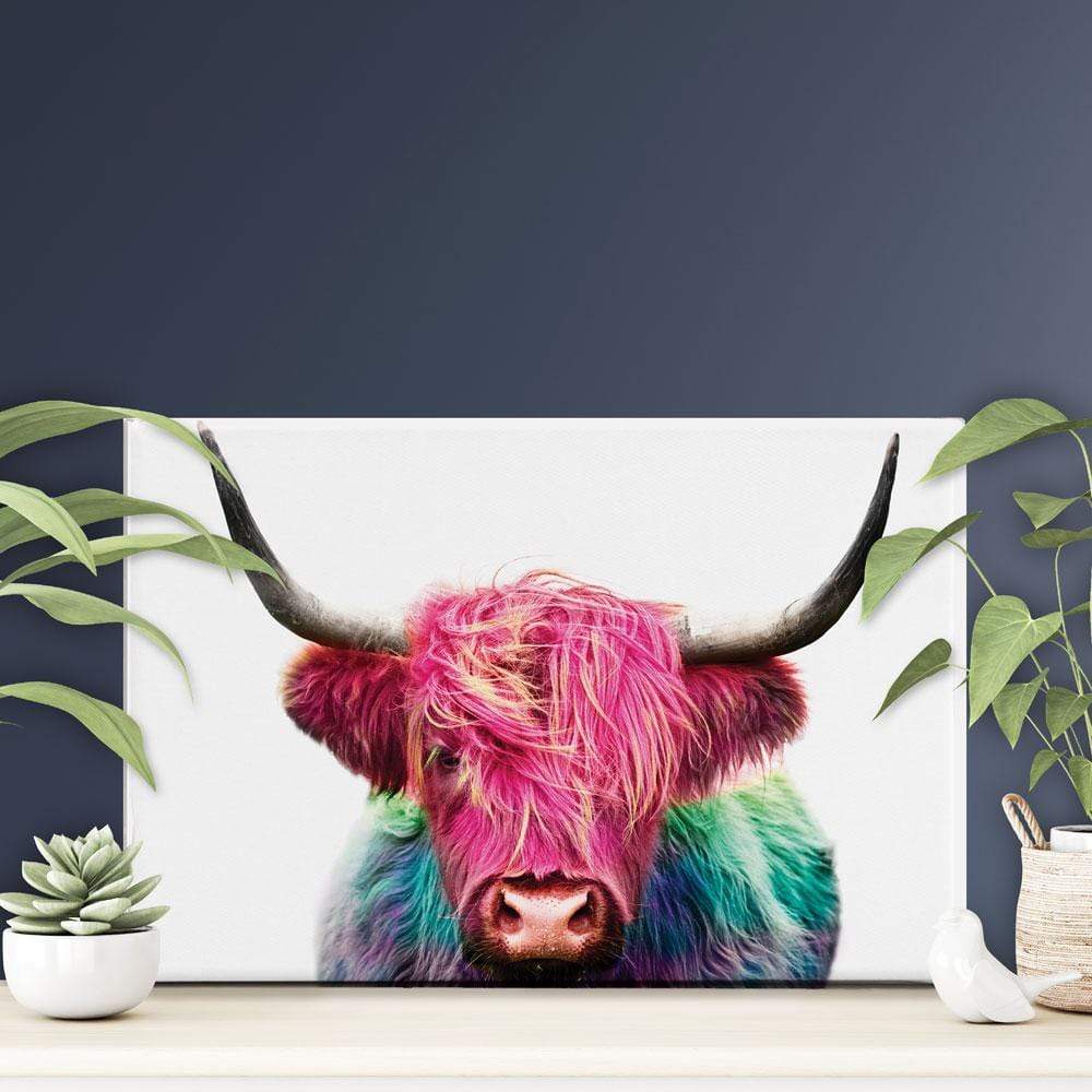 Colourful Pink Highland Cow Canvas Print wall art product Patricia Chumillas / Shutterstock