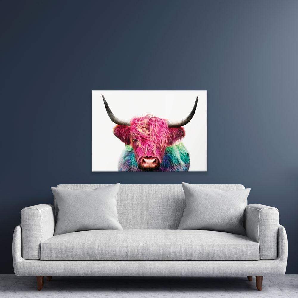 Colourful Pink Highland Cow Canvas Print wall art product Patricia Chumillas / Shutterstock