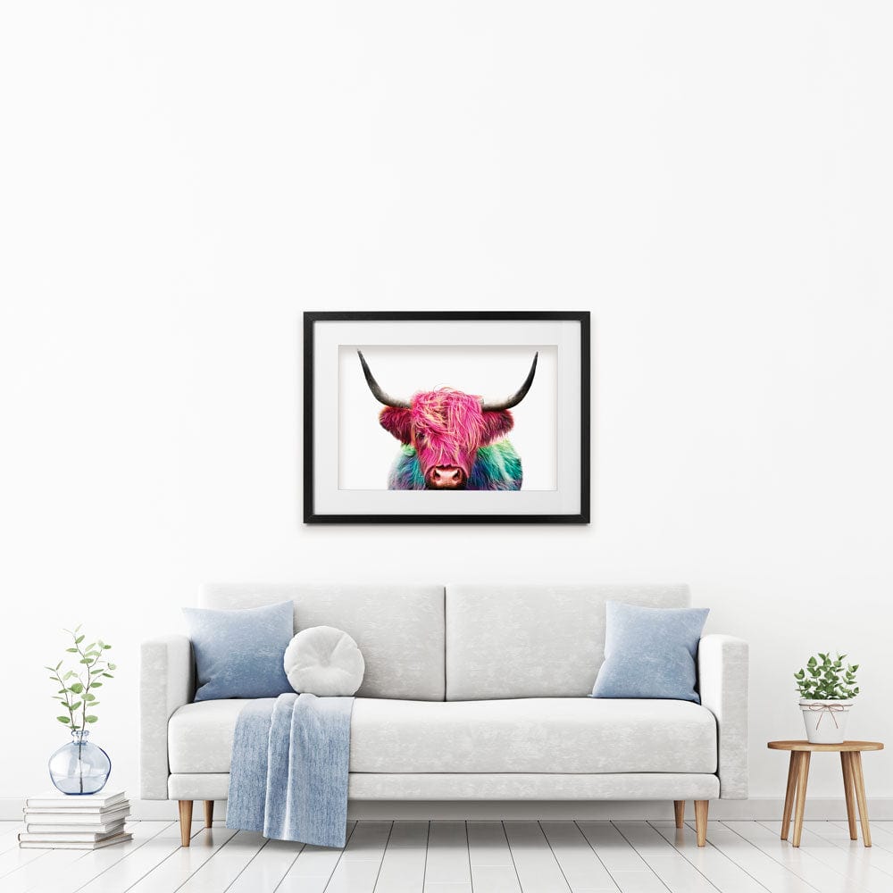 Colourful Pink Highland Cow Framed Art Print wall art product Patricia Chumillas / Shutterstock