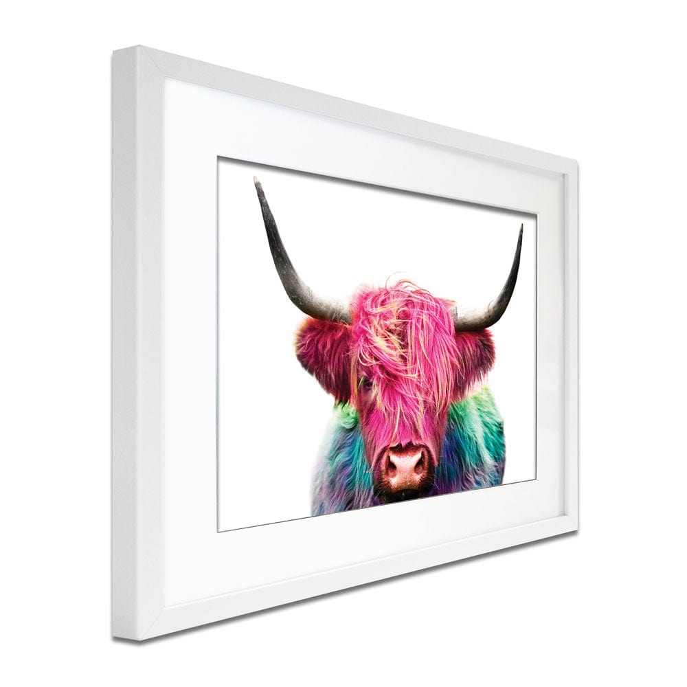 Colourful Pink Highland Cow Framed Art Print wall art product Patricia Chumillas / Shutterstock