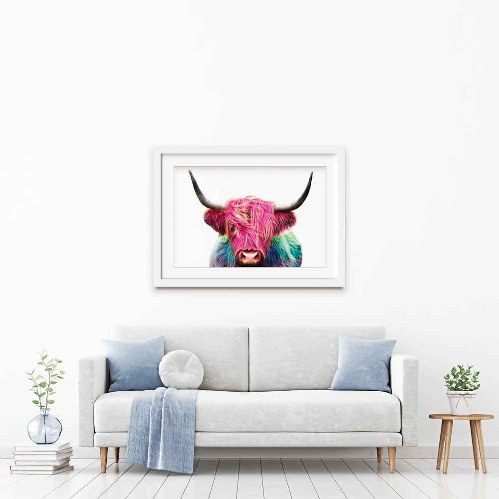Colourful Pink Highland Cow Framed Art Print wall art product Patricia Chumillas / Shutterstock