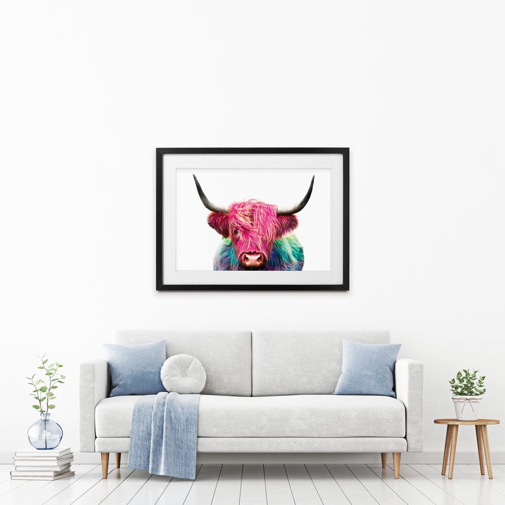 Colourful Pink Highland Cow Framed Art Print wall art product Patricia Chumillas / Shutterstock
